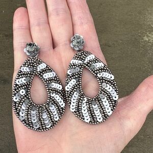 DEEPA BY DEEPA GURNANI GRAY SEQUINED HANGING PIERCED TEARDROP EARRINGS INDIA